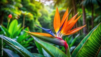 Papier peint  A vibrant strelitzia flower contrasting with the lush greenery of the jungle , tropical, colorful, exotic, nature, flora, bloom