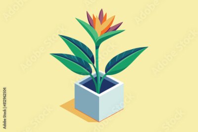 Papier peint  A vibrant strelitzia flower in a white vase against a yellow backdrop, Strelitzia plant Customizable Isometric Illustration
