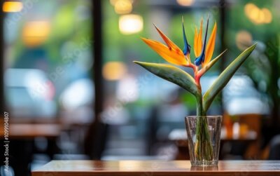 Papier peint  A vibrant Strelitzia reginae flower in a vase on a coffee shop table, with a blurry background emphasizing the Bird of Paradise flower's colors and textures