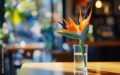 Papier peint  A vibrant Strelitzia reginae flower in a vase on a coffee shop table, with a blurry background emphasizing the Bird of Paradise flower's colors and textures