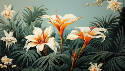 Papier peint  a vintage wallpaper illustration of Strelitzia flowers