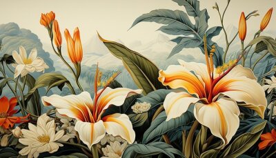 Papier peint  a vintage wallpaper illustration of Strelitzia flowers