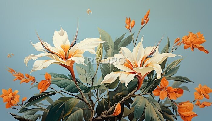 Papier peint  a vintage wallpaper illustration of Strelitzia flowers