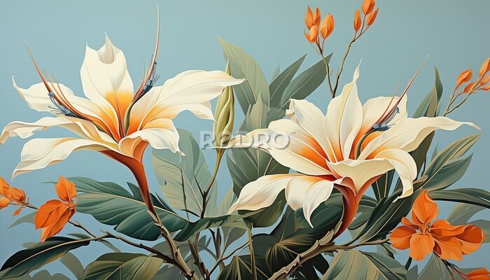 Papier peint  a vintage wallpaper illustration of Strelitzia flowers