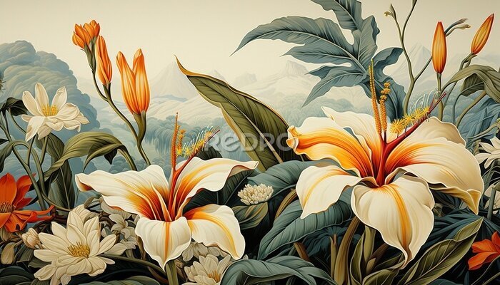 Papier peint  a vintage wallpaper illustration of Strelitzia flowers