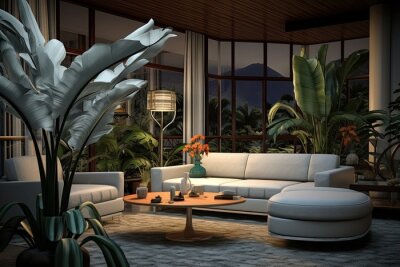 Papier peint  A well lit living room featuring a sizable tropical houseplant called the giant white bird of paradise, scientifically known as strelitzia nicolai. There is ample room for adding text or additional