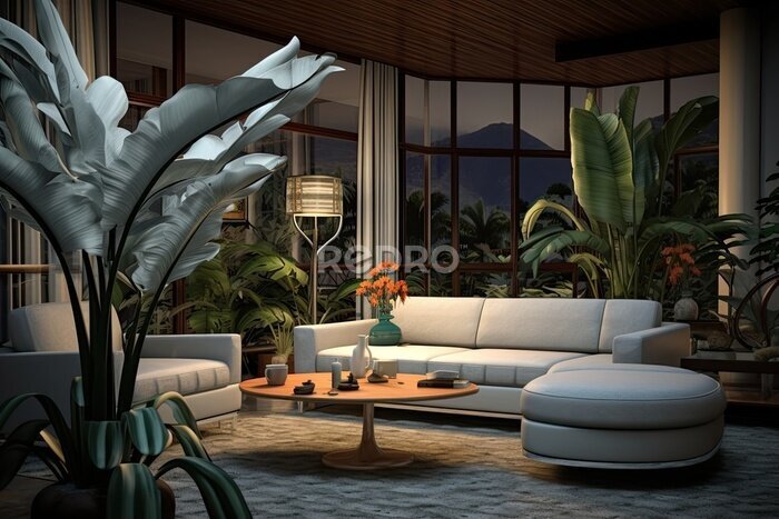 Papier peint  A well lit living room featuring a sizable tropical houseplant called the giant white bird of paradise, scientifically known as strelitzia nicolai. There is ample room for adding text or additional
