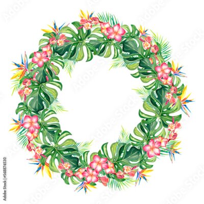Papier peint  A wreath of monstera, plumeria and strelitzia. Tropical plants. The frame is made of monstera. Watercolor illustration on an isolated background.