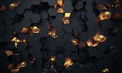 Papier peint  Abstract 3D Dark hexagon wallpaper or background with golden sphere lightened 