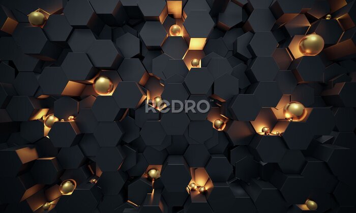 Papier peint  Abstract 3D Dark hexagon wallpaper or background with golden sphere lightened 