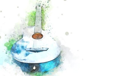 Abstract acoustic guitar on green grass on watercolor illustration painting background.