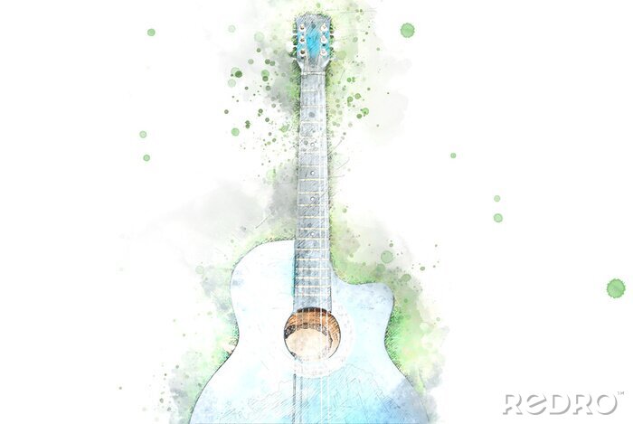 Papier peint  Abstract acoustic guitar on green grass on watercolor illustration painting background.