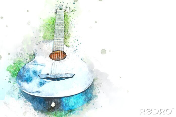 Papier peint  Abstract acoustic guitar on green grass on watercolor illustration painting background.