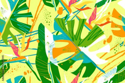 Papier peint  Abstract art seamless pattern with tropical leaves and flowers. Colorful strelitzia flowers, monstera leaves and abstract objects on yellow background. Modern exotic jungle plants. Vector.