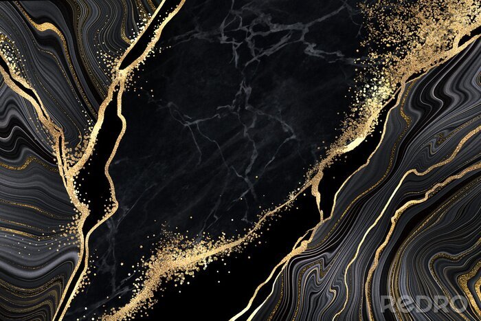 Papier peint  Abstract black marble background with golden veins, japanese kintsugi technique, fake painted artificial stone texture, marbled surface, digital marbling illustration