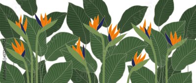 Papier peint  Abstract botanical art vector. Tropical line art wallpaper modern shape. Bird of paradise foliage, strelitzia with yellow flowers, tropical and floral pattern, design for home decor, fabric, wall art