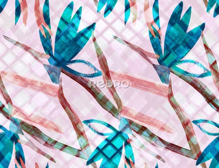 Papier peint  Abstract botanical seamless pattern. Stylized royal strelitzia flowers painted with irregular rhombus geometric texture for modern textile and surface design