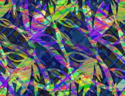 Papier peint  Abstract botanical seamless tropical pattern. Stylized flowers of royal strelitzia drybrushed in night shades with neon highlights for modern textiles and surface design