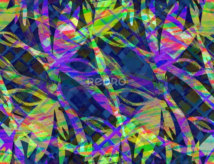 Papier peint  Abstract botanical seamless tropical pattern. Stylized flowers of royal strelitzia drybrushed in night shades with neon highlights for modern textiles and surface design