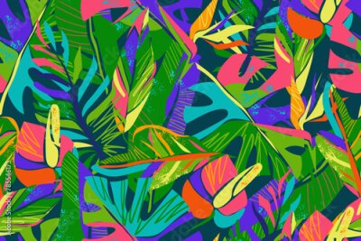Papier peint  Abstract bright pattern with tropical leaves and flowers on dark background. Colorful leaves of monstera, palm, croton, triostar stromantha and flowers of anthurium, strelitzia. Modern, exotic patter