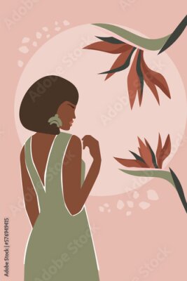 Papier peint  Abstract contemporary poster with a beautiful girl and strelitzia flowers. Tropical plants and a woman in a summer dress. Vector graphics.