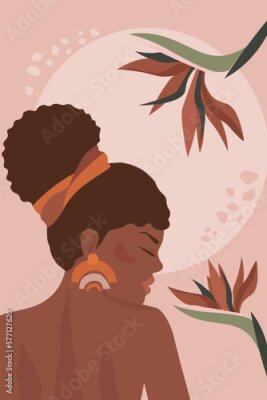 Papier peint  Abstract contemporary poster with a beautiful girl and strelitzia flowers. Tropical plants and a woman in a summer dress. Vector graphics.