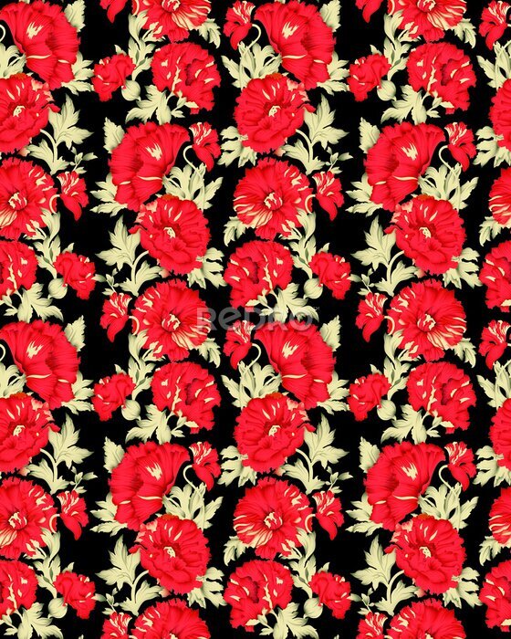 Papier peint  Abstract Elegance Seamless pattern with floral background. Beach cheerful seamless pattern wallpaper of tropical dark green leaves of palm trees and flowers bird of paradise (strelitzia) plumeria