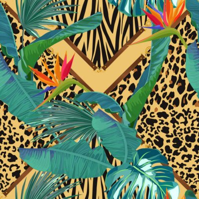 Papier peint  Abstract fashion seamless pattern with palm leaves, strelitzia and tiger and leopard elements. Animal print