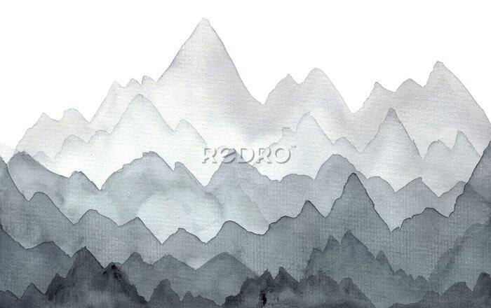 Papier peint  Abstract gray hand drawn watercolor landscape with dark and light mist mountains. Minimalistic nature illustration with stones and forest for travel background decoration, wallpaper