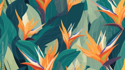 Papier peint  Abstract jungle pattern with strelitzia flowers. Contemporary seamless pattern. Natural colors
