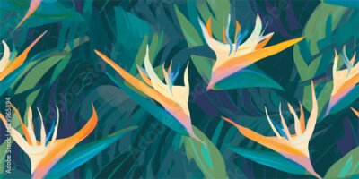 Papier peint  Abstract jungle pattern with strelitzia flowers. Contemporary seamless pattern. Natural colors. Fashionable template for design