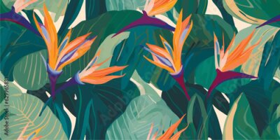 Papier peint  Abstract jungle pattern with strelitzia flowers. Contemporary seamless pattern. Natural colors. Fashionable template for design