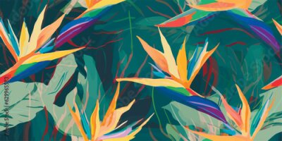 Papier peint  Abstract jungle pattern with strelitzia flowers. Contemporary seamless pattern. Natural colors. Fashionable template for design