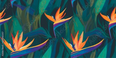 Papier peint  Abstract jungle pattern with strelitzia flowers. Contemporary seamless pattern. Natural colors. Fashionable template for design