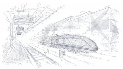 Papier peint  Abstract low poly 3d wireframe of modern train at railway station or metro. Vector sketch drawing with connected dots. Rapid transit system, transportation, railway logistics concept isolated in white