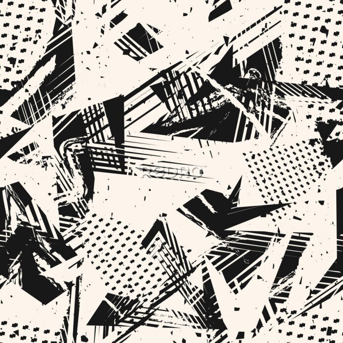 Papier peint  Abstract monochrome grunge seamless pattern. Urban art texture with paint splashes, chaotic shapes, lines, dots, triangles, patches. Black and white graffiti style vector background. Repeat design 