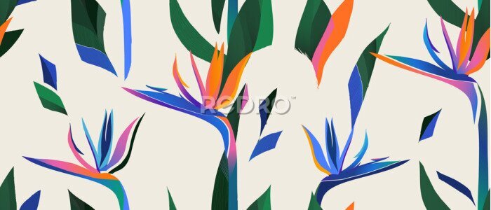 Papier peint  Abstract pattern with strelitzia flower. Creative collage contemporary seamless pattern. Fashionable template for design.