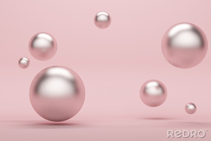 Papier peint  Abstract pink background with metallic flying spheres. 3d rendering