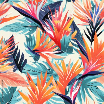 Papier peint  Abstract seamless pattern palm eaves and Bird of paradise or Strelitzia Reginae, Watercolor illustration. strelizia flowers , Illustration of modern exotic jungle plants