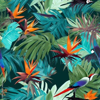 Papier peint  Abstract seamless pattern palm leaves and Bird of paradise or Strelitzia Reginae, Watercolor illustration. strelizia flowers , Illustration of modern exotic jungle plants