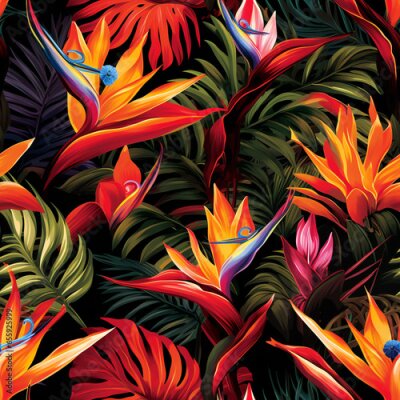 Papier peint  Abstract seamless pattern palm leaves and Bird of paradise or Strelitzia Reginae, Watercolor illustration. strelizia flowers , Illustration of modern exotic jungle plants isolated in black
