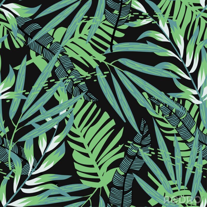 Papier peint  Abstract seamless pattern with colorful tropical leaves and plants on black background. Vector design. Jungle print. Floral background. Printing and textiles. Exotic tropics. Summer design.