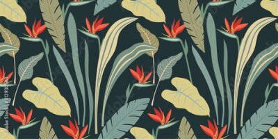 Papier peint  Abstract seamless pattern with tropical plants and flowers. Modern exotic design for paper, cover, fabric, interior decor and other users.
