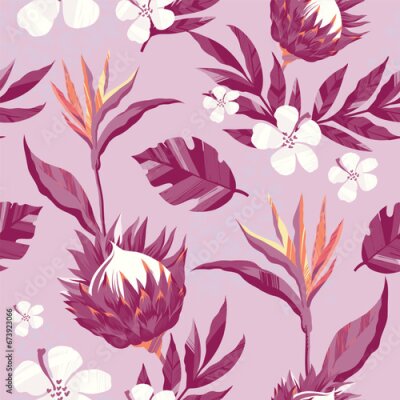 Papier peint  Abstract seamless tropical pattern with protea flowers, strelitzia, leaves, leopard skin on black background. Wild floral repeat ornament.