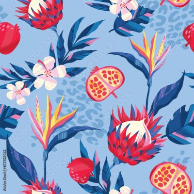 Papier peint  Abstract seamless tropical pattern with protea flowers, strelitzia, leaves, leopard skin on black background. Wild floral repeat ornament.