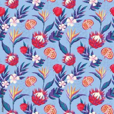 Papier peint  Abstract seamless tropical pattern with protea flowers, strelitzia, leaves, leopard skin on black background. Wild floral repeat ornament.