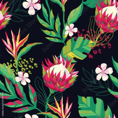 Papier peint  Abstract seamless tropical pattern with protea flowers, strelitzia, leaves, leopard skin on black background. Wild floral repeat ornament.