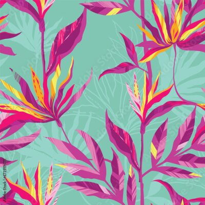 Papier peint  Abstract seamless tropical pattern with strelitzia, leaves, green background. Wild floral repeat ornament.