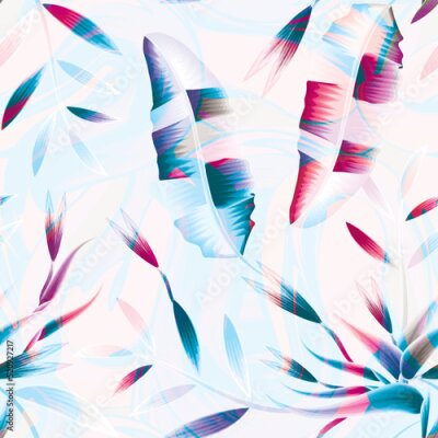 Papier peint  abstract summer background seamless pattern with colorful tropical plants leaves on light. pink blue banana leaves seamless pattern with strelitzia flowers plants and foliage. Floral background. art 