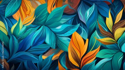 Papier peint  Abstract tropical background with leaves. Modern colorful tropical floral pattern. Botanical abstract pattern with tropical exotic monstera and palm leaves. Ornament for fabric, wallpaper, posters. AI